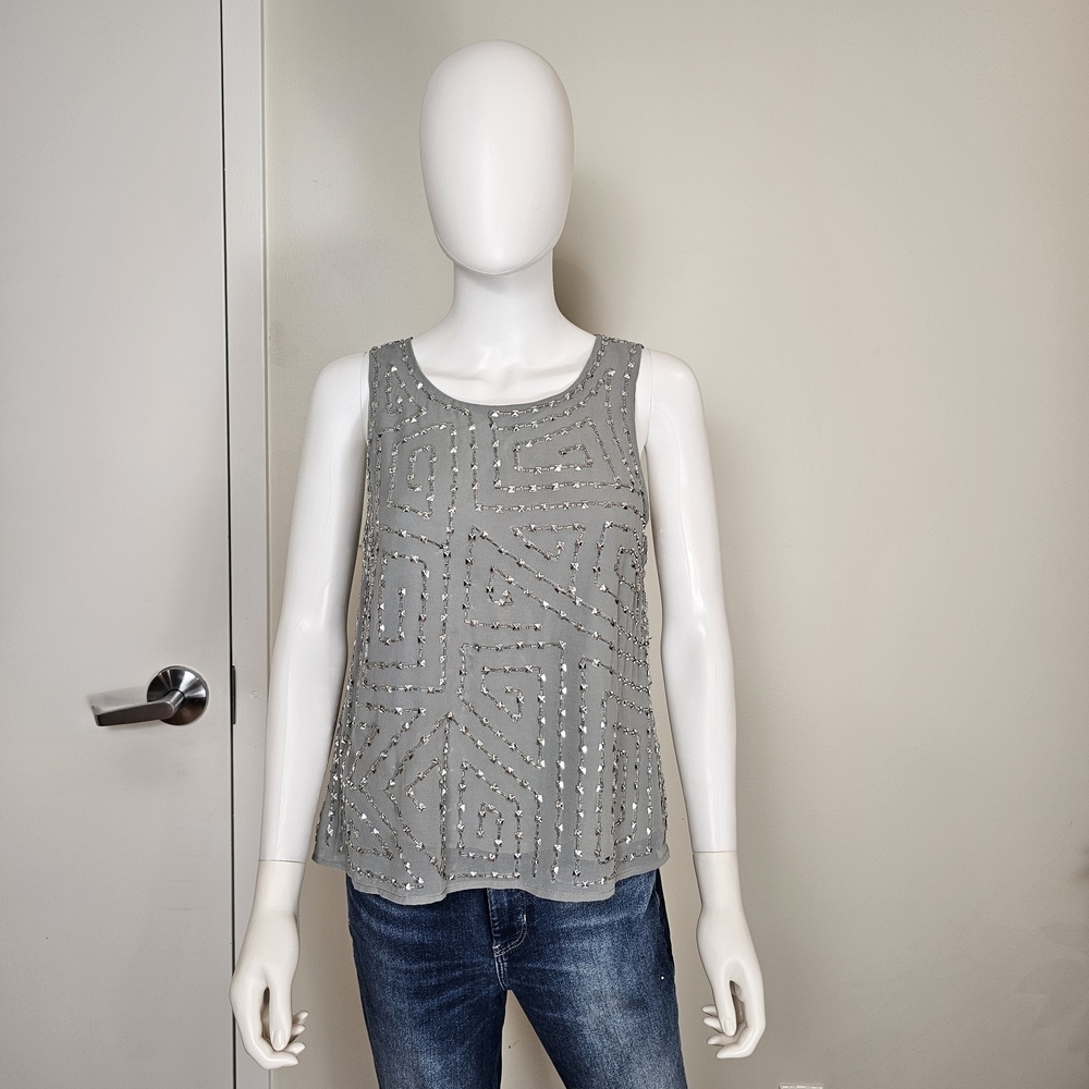 Walter Baker Olivia Chiffon Beaded Metallic Grey Open Back Tank Top Sz M